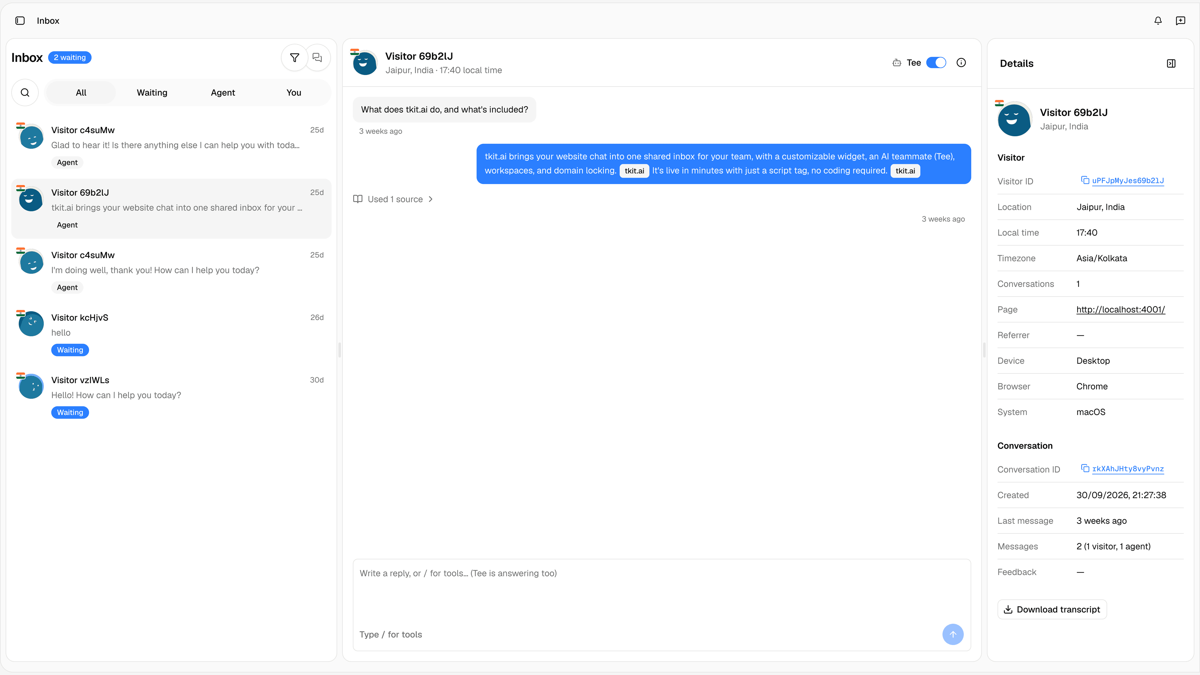 Web app inbox