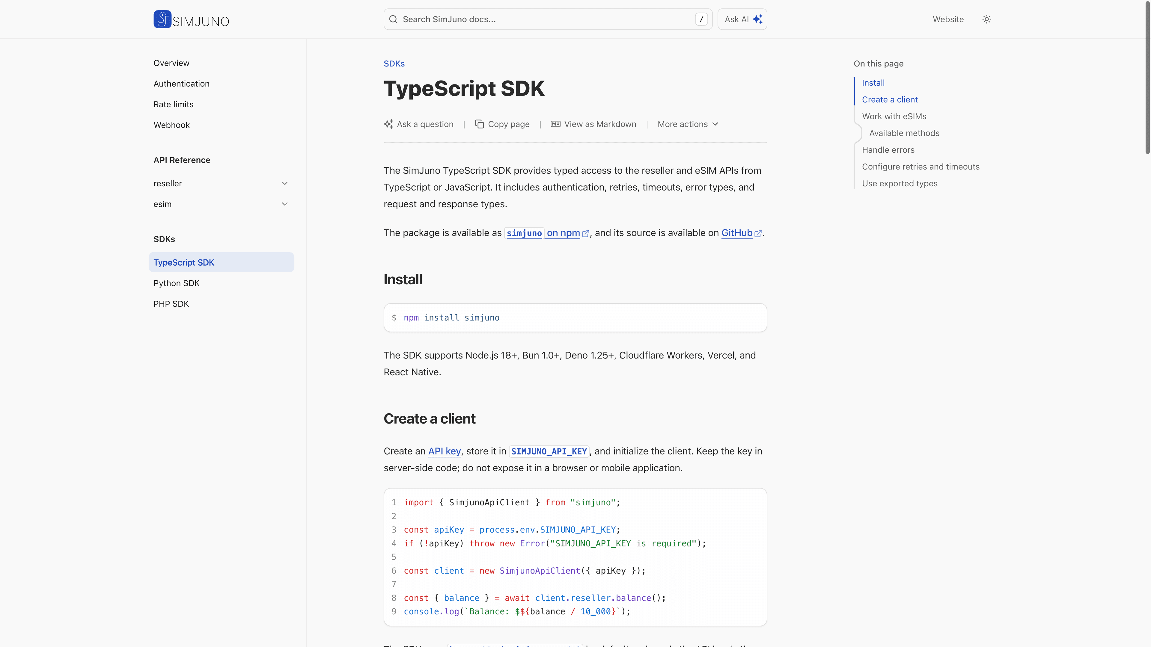 SimJuno TypeScript SDK docs