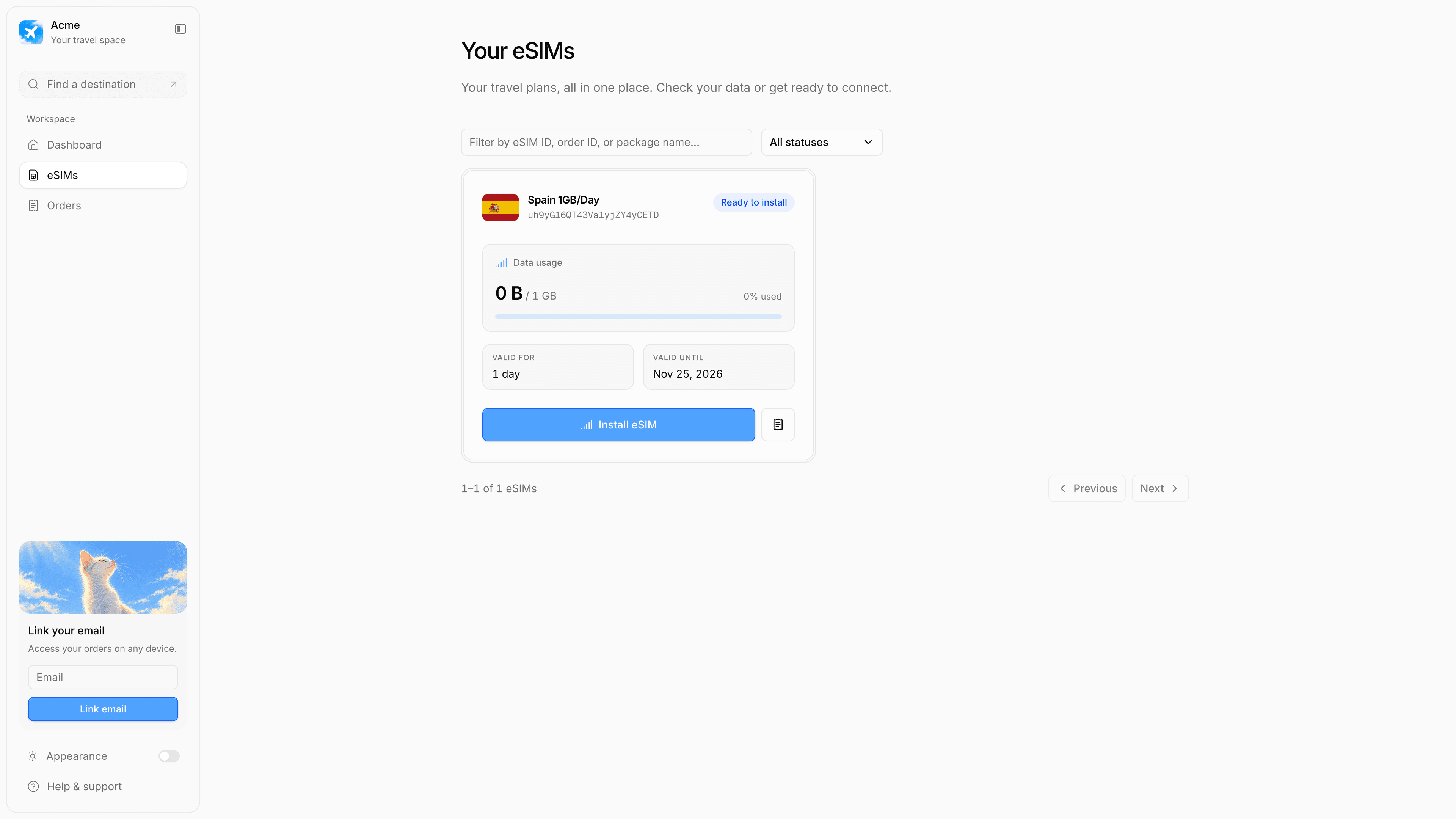 SimJuno template eSIM dashboard